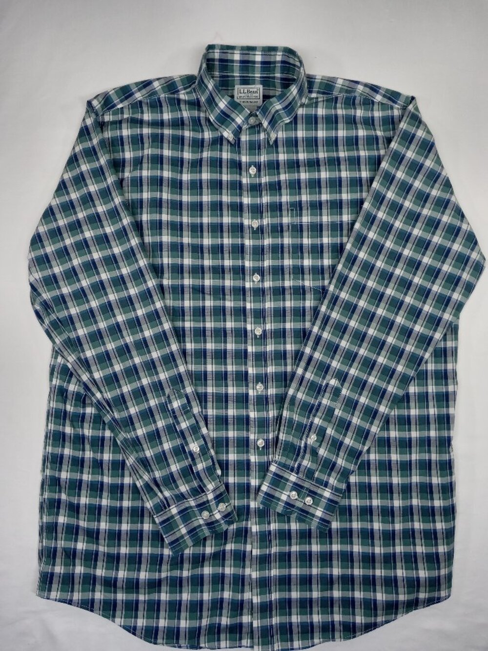 LL Bean Traditional Fit Button Down Plaid Shirt Mens Large Tall Green Blue